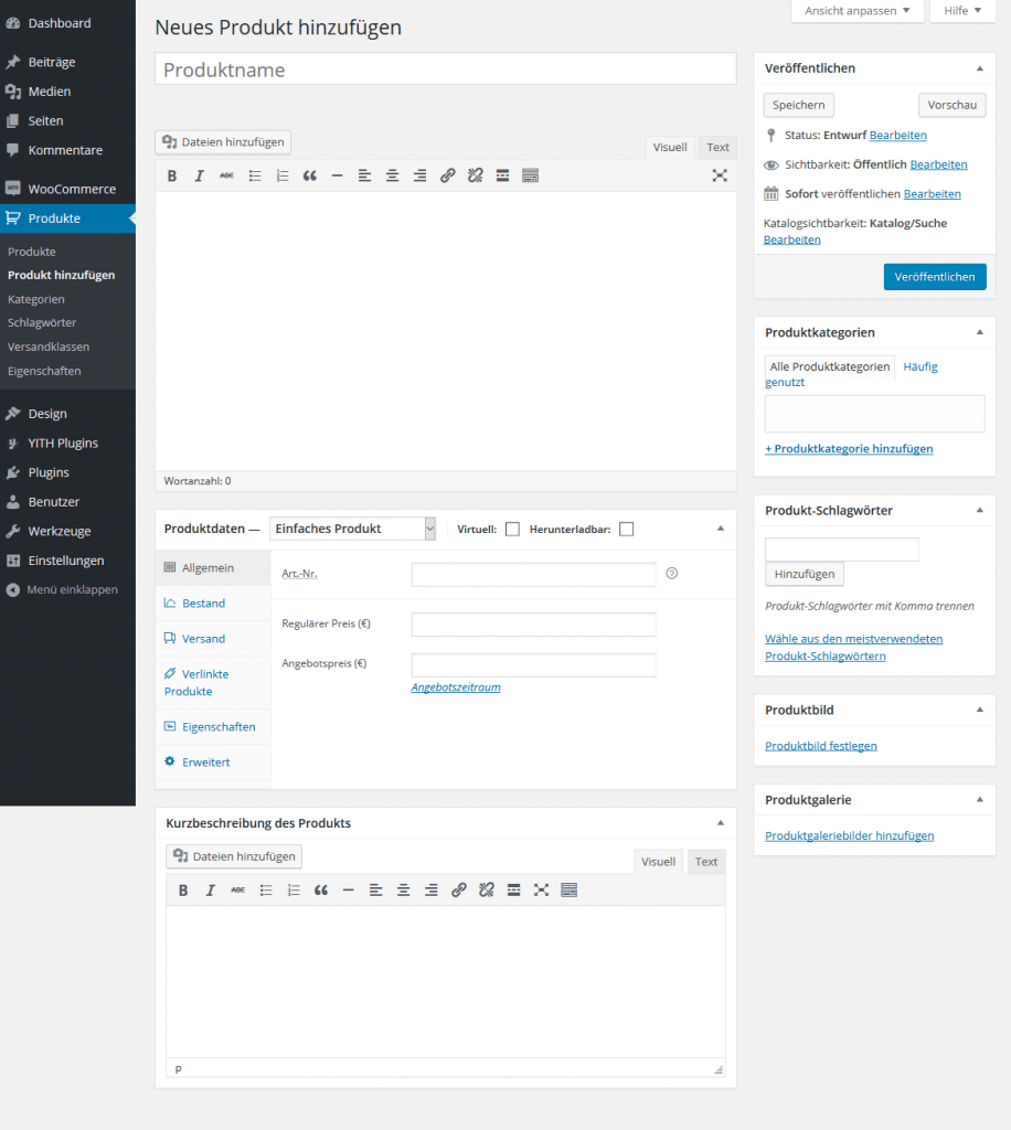 Neues Produkt hinzufügen in Woocommerce