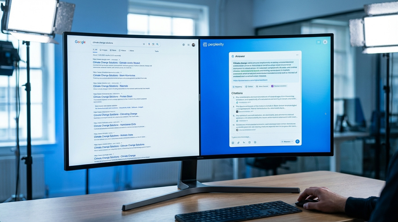 SEO Engine Vergleich: klassische Suchmaschine vs. KI-Antwortsystem wie Perplexity