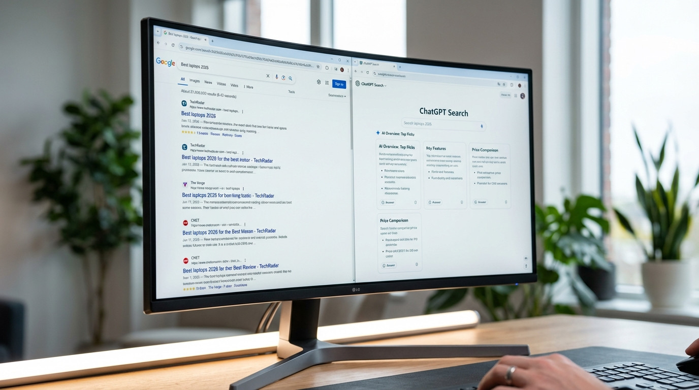 AI-SEO Workflow-Diagramm: Vergleich klassischer Google-SEO und KI-Suchmaschinenoptimierung
