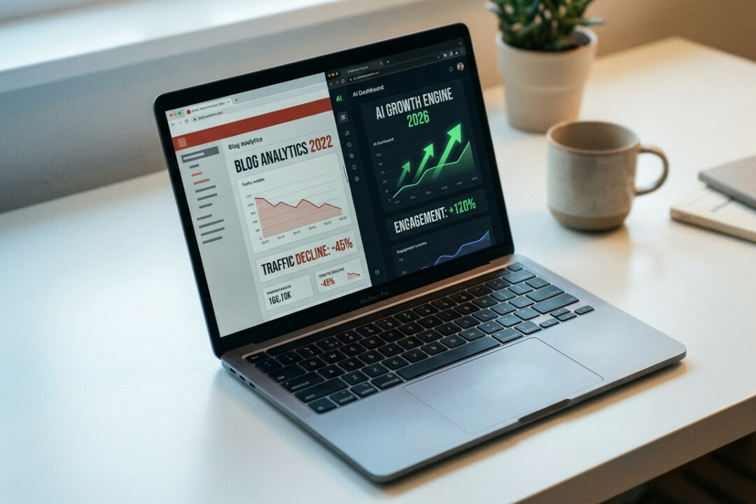 Alte Blogposts mit KI aktualisieren – strukturierter Workflow auf einem Laptop-Bildschirm