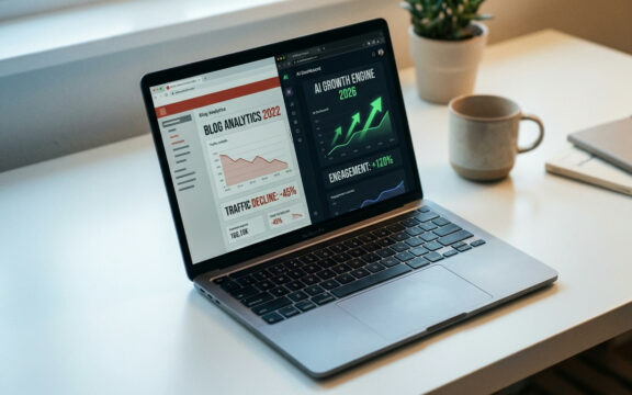 Alte Blogposts mit KI aktualisieren – strukturierter Workflow auf einem Laptop-Bildschirm
