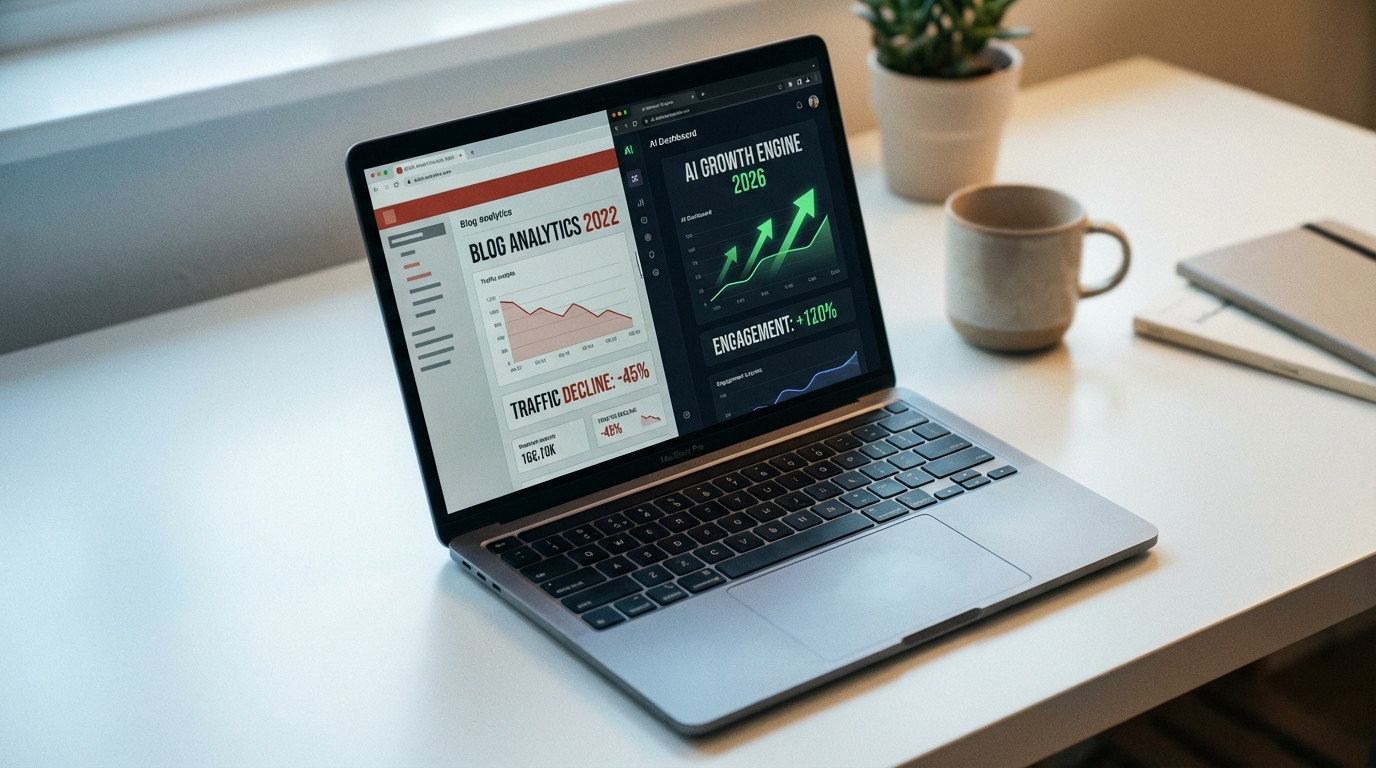 Alte Blogposts mit KI aktualisieren – strukturierter Workflow auf einem Laptop-Bildschirm
