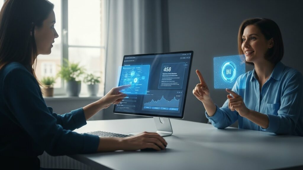 Zwei Frauen interagieren mit Technologie.