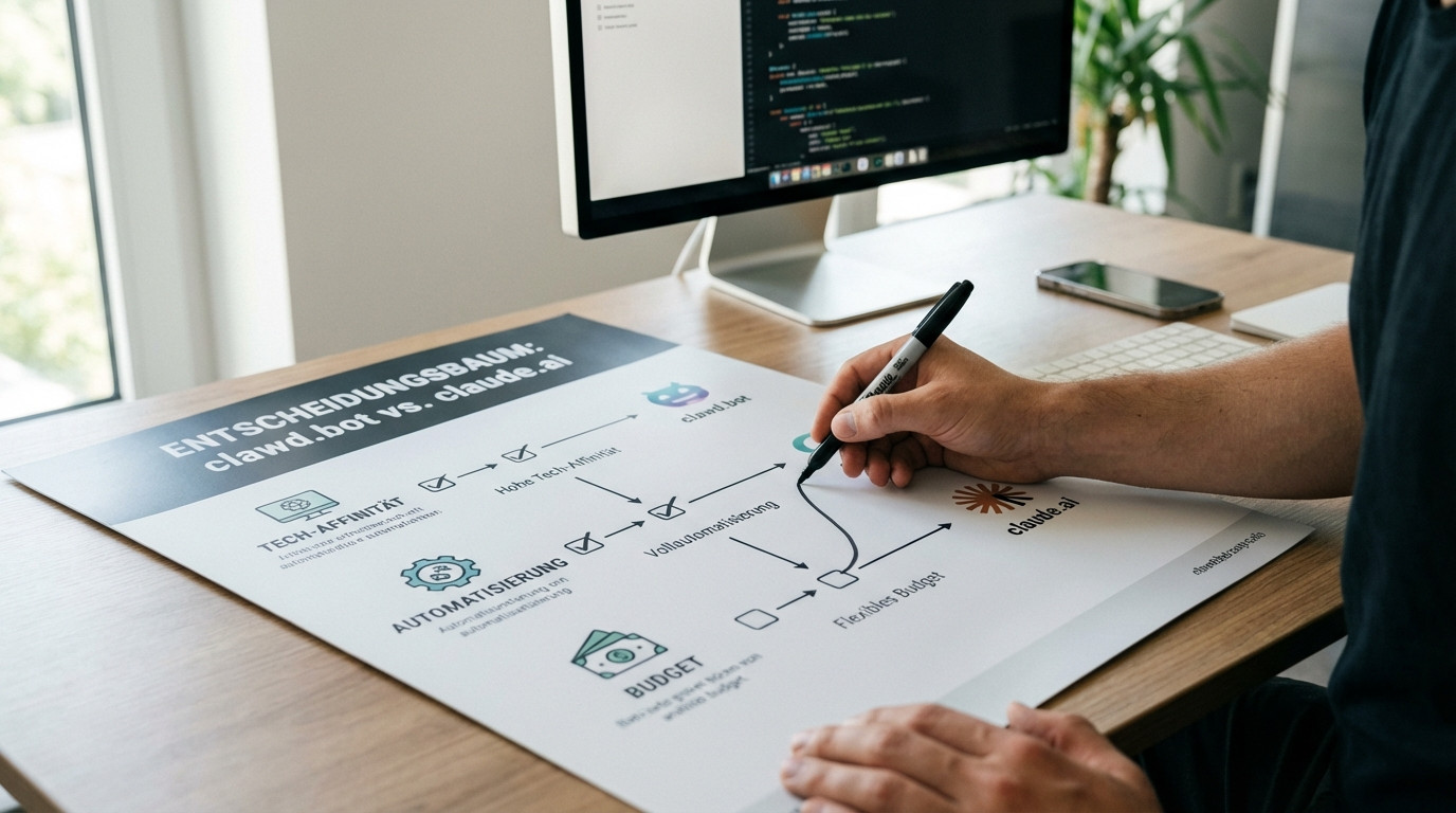 Infografik-Style Darstellung: Entscheidungsbaum für clawd.bot vs. claude.ai mit Checkboxen für Tech-Affinität, Automatisierung und Budget