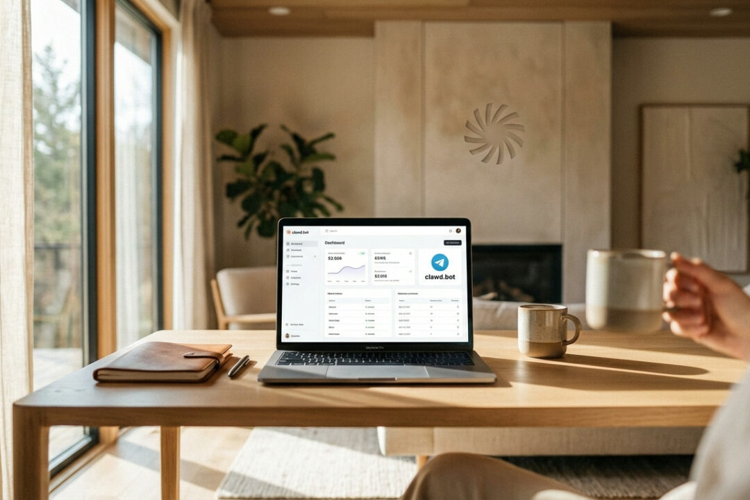 clawd.bot Dashboard auf MacBook mit Telegram-Integration und Claude im Hintergrund, modernes Home-Office Setup mit warmem natürlichem Licht