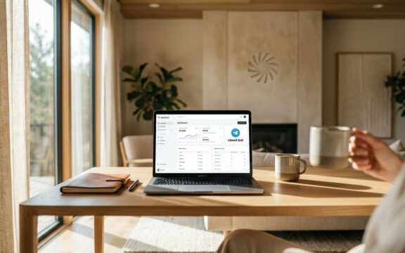 clawd.bot Dashboard auf MacBook mit Telegram-Integration und Claude im Hintergrund, modernes Home-Office Setup mit warmem natürlichem Licht
