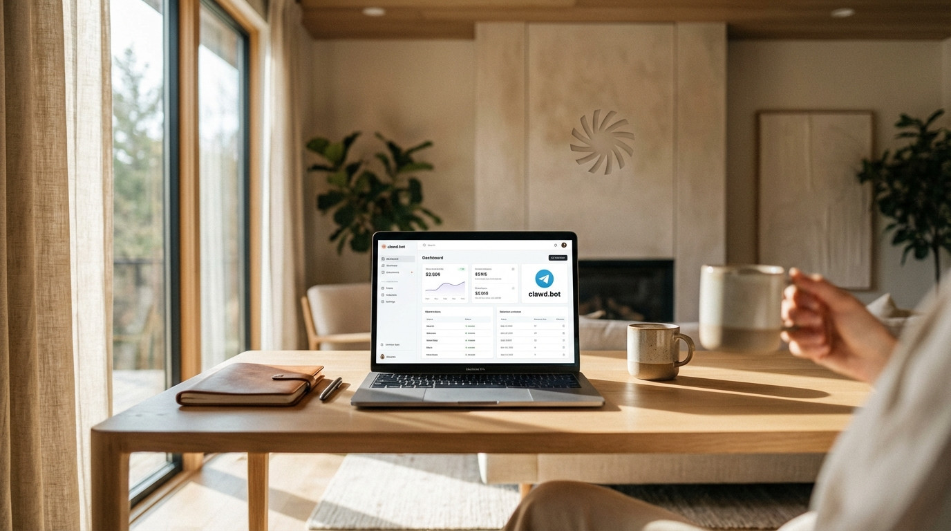 clawd.bot Dashboard auf MacBook mit Telegram-Integration und Claude im Hintergrund, modernes Home-Office Setup mit warmem natürlichem Licht