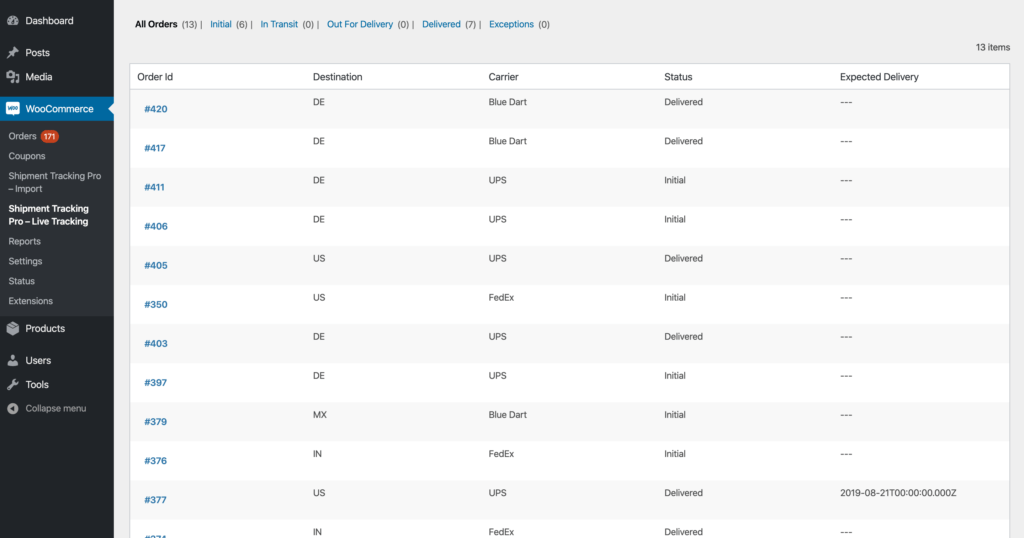 consolidated view of woocommerce orders with shipment tracking details