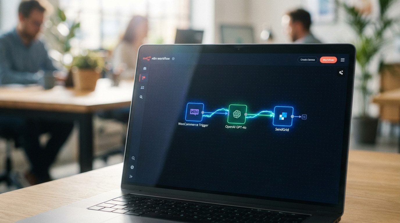 n8n Workflow-Oberfläche mit KI-Node für E-Mail-Automatisierung