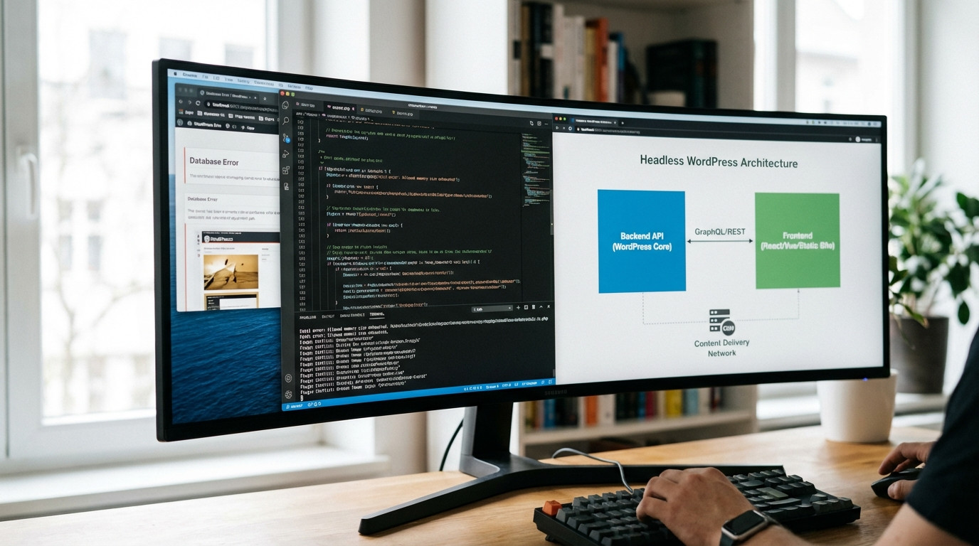 Vergleichsdiagramm zwischen traditionellem WordPress Monolith und Headless WordPress Architektur mit separaten Systemen