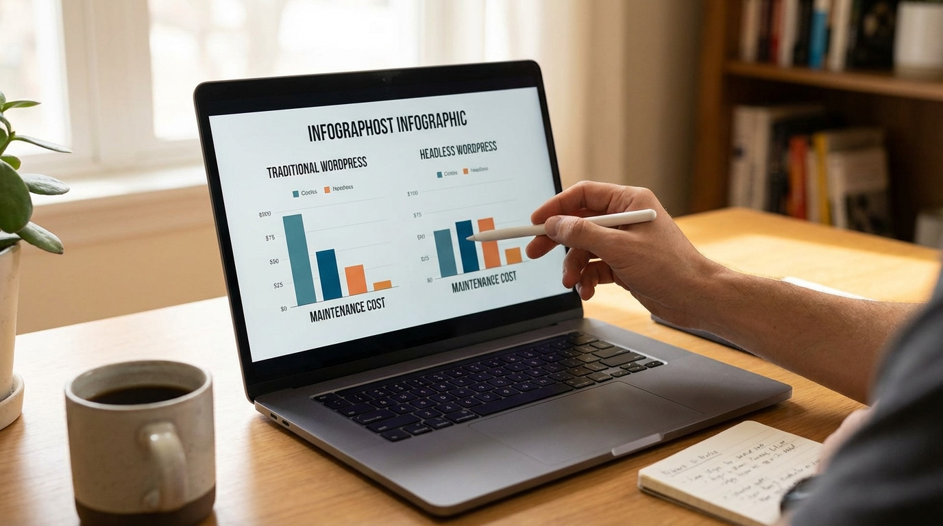 Kostenvergleich Infografik zwischen traditionellem WordPress Setup und Headless WordPress mit doppelten Wartungskosten