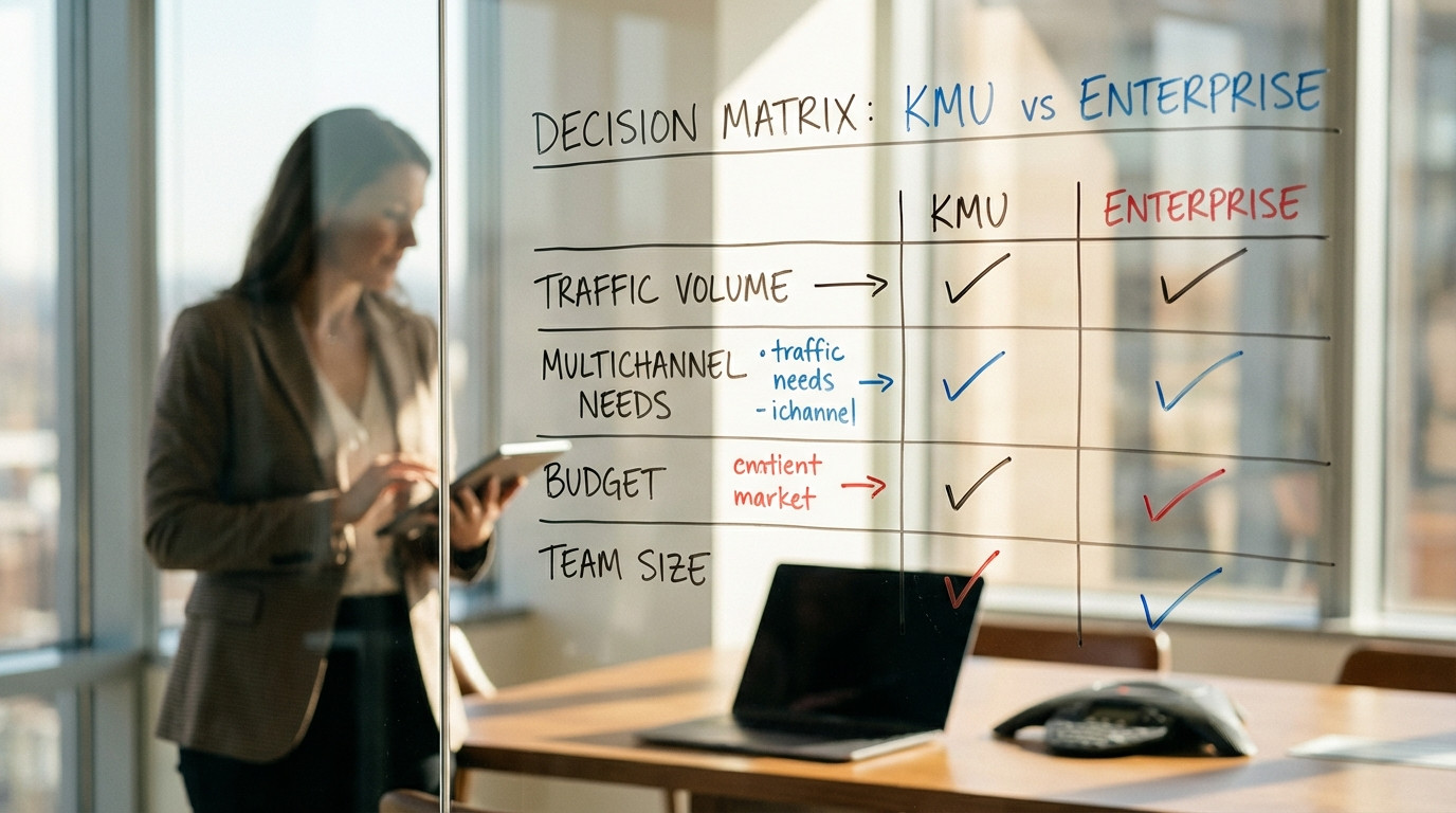 Entscheidungs-Matrix für Headless WordPress: KMU vs Enterprise mit Kriterien Traffic, Budget und Team-Größe