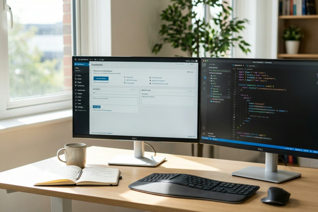 Entwickler arbeitet an Headless WordPress Setup mit React Frontend und WordPress Backend auf zwei Monitoren