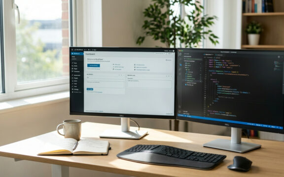 Entwickler arbeitet an Headless WordPress Setup mit React Frontend und WordPress Backend auf zwei Monitoren