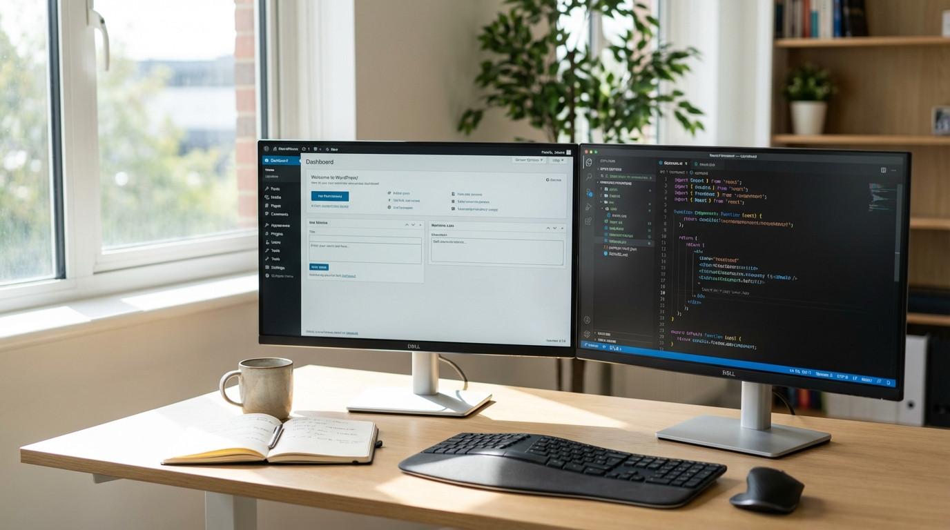 Entwickler arbeitet an Headless WordPress Setup mit React Frontend und WordPress Backend auf zwei Monitoren