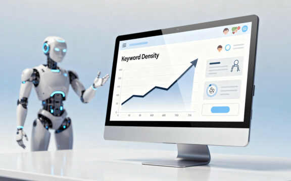 Roboter präsentiert Keyword-Dichte-Diagramm.