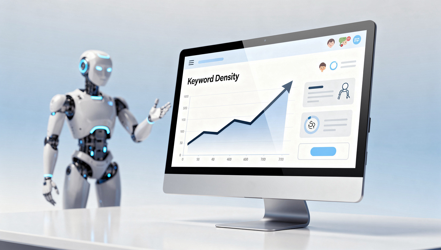 Roboter präsentiert Keyword-Dichte-Diagramm.