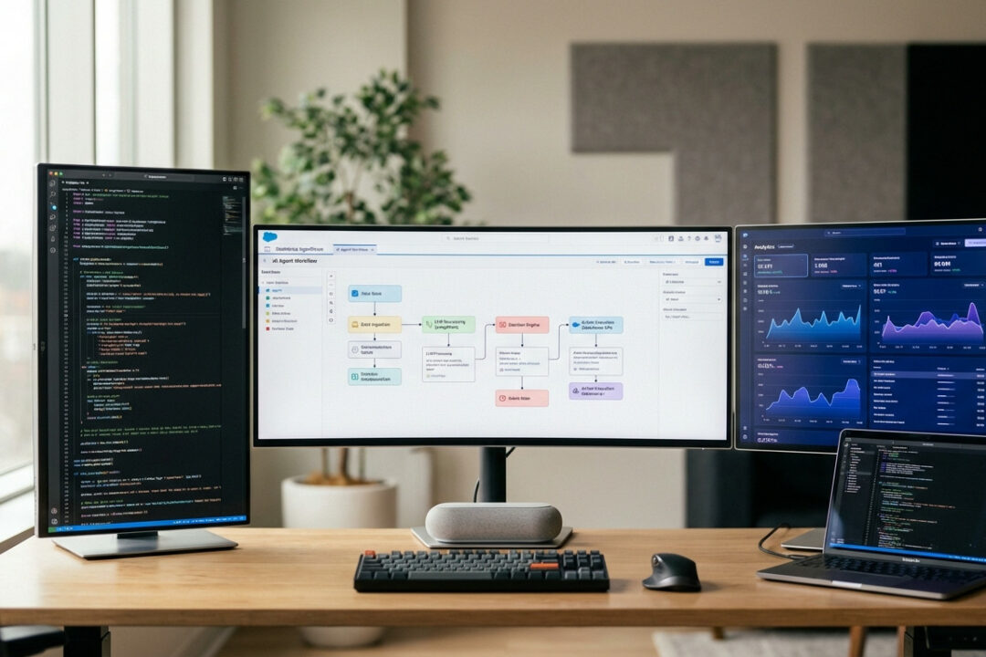Mehrere Computerbildschirme mit Datenvisualisierung