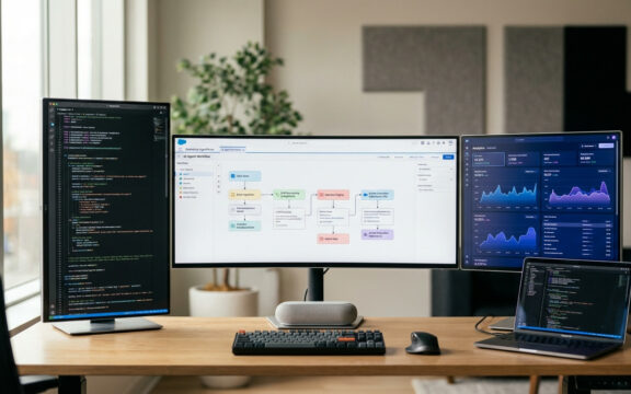 Mehrere Computerbildschirme mit Datenvisualisierung