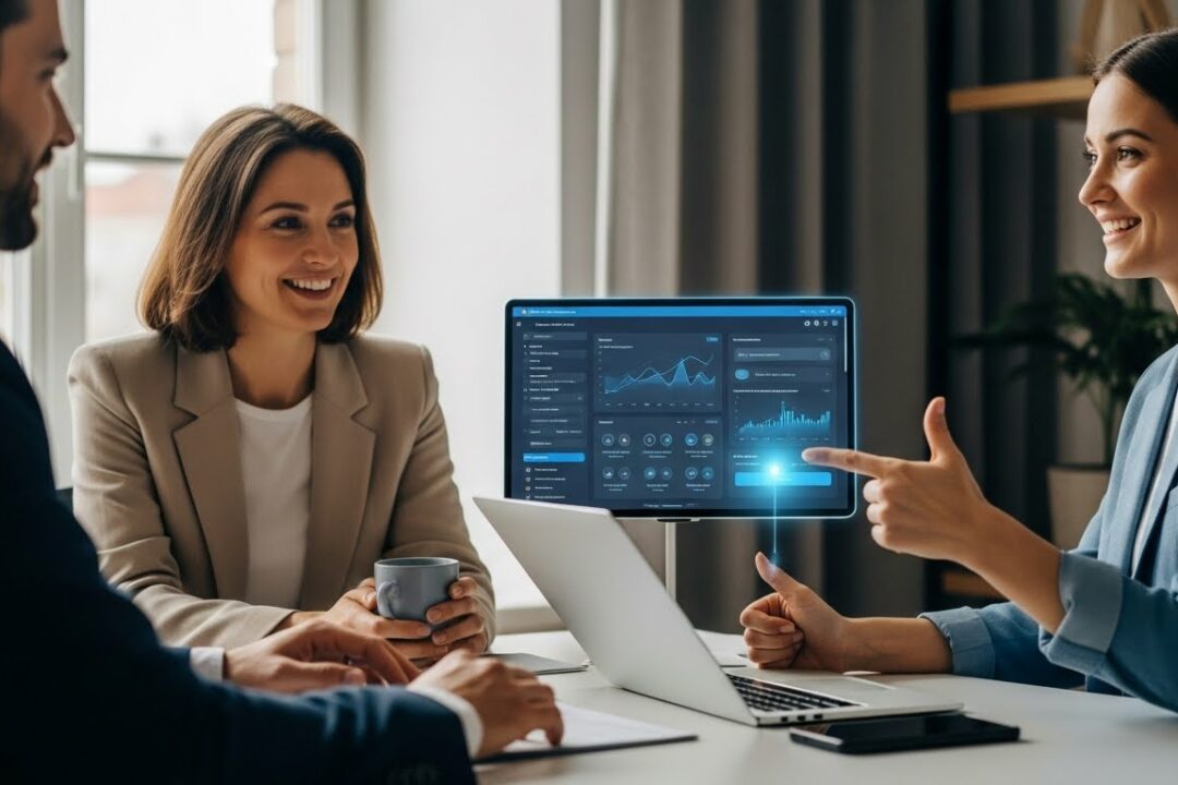 Besprechung mit Datenanalyse und Laptop.