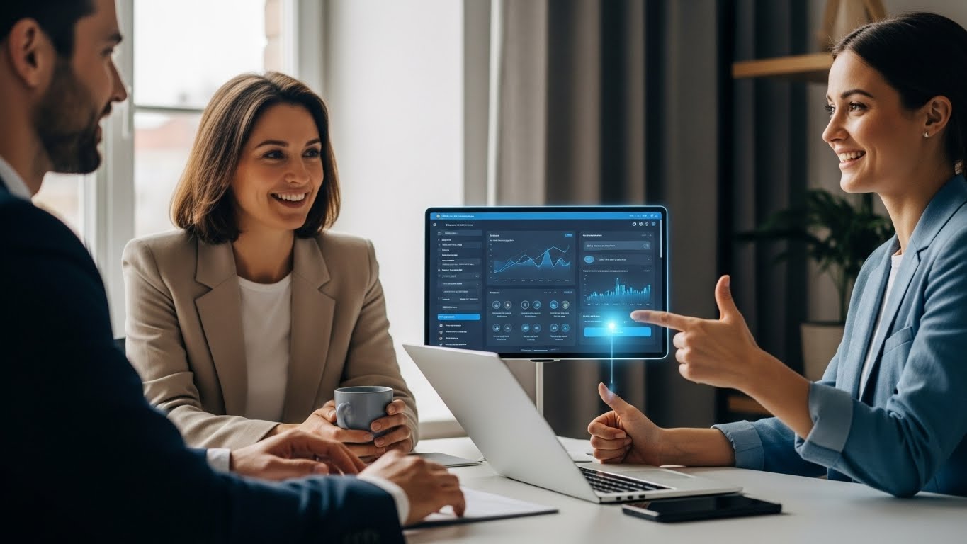 Besprechung mit Datenanalyse und Laptop.