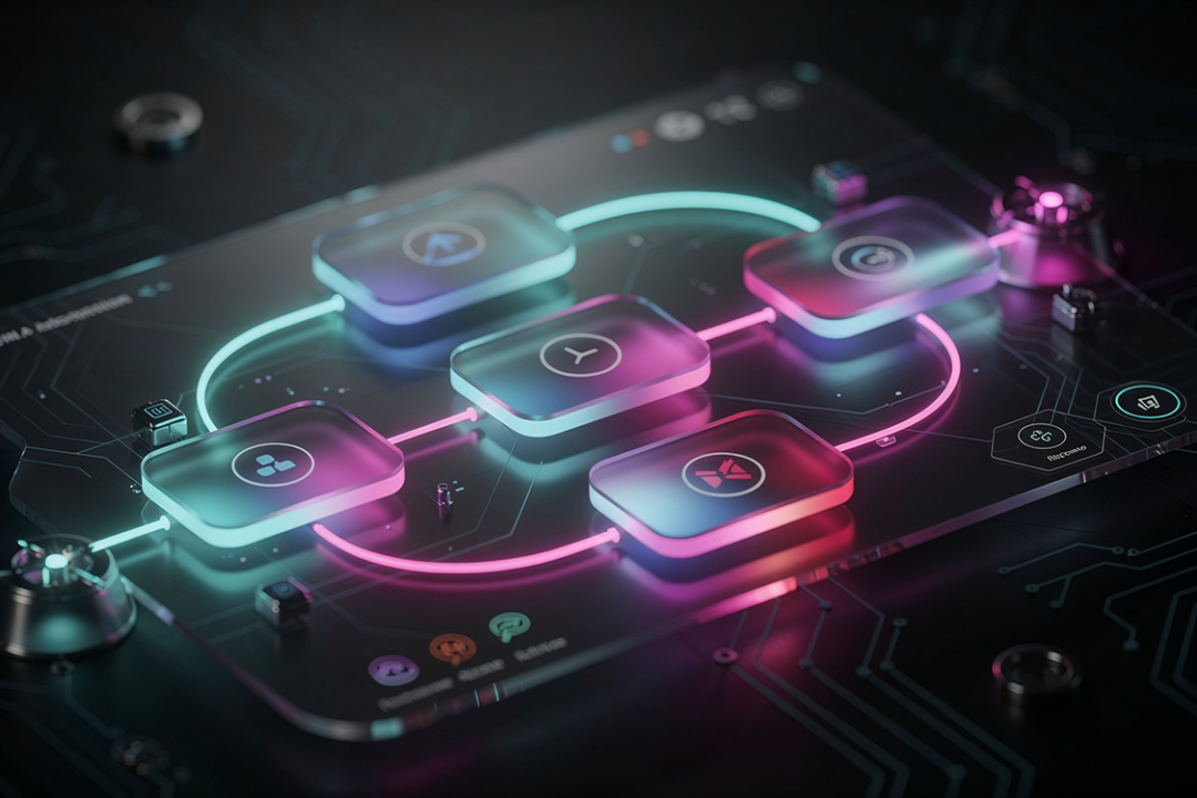 KI-Workflows für Agenturen mit n8n – visueller futuristischer Workflow-Editor mit AI-Nodes und Datenintegrationen