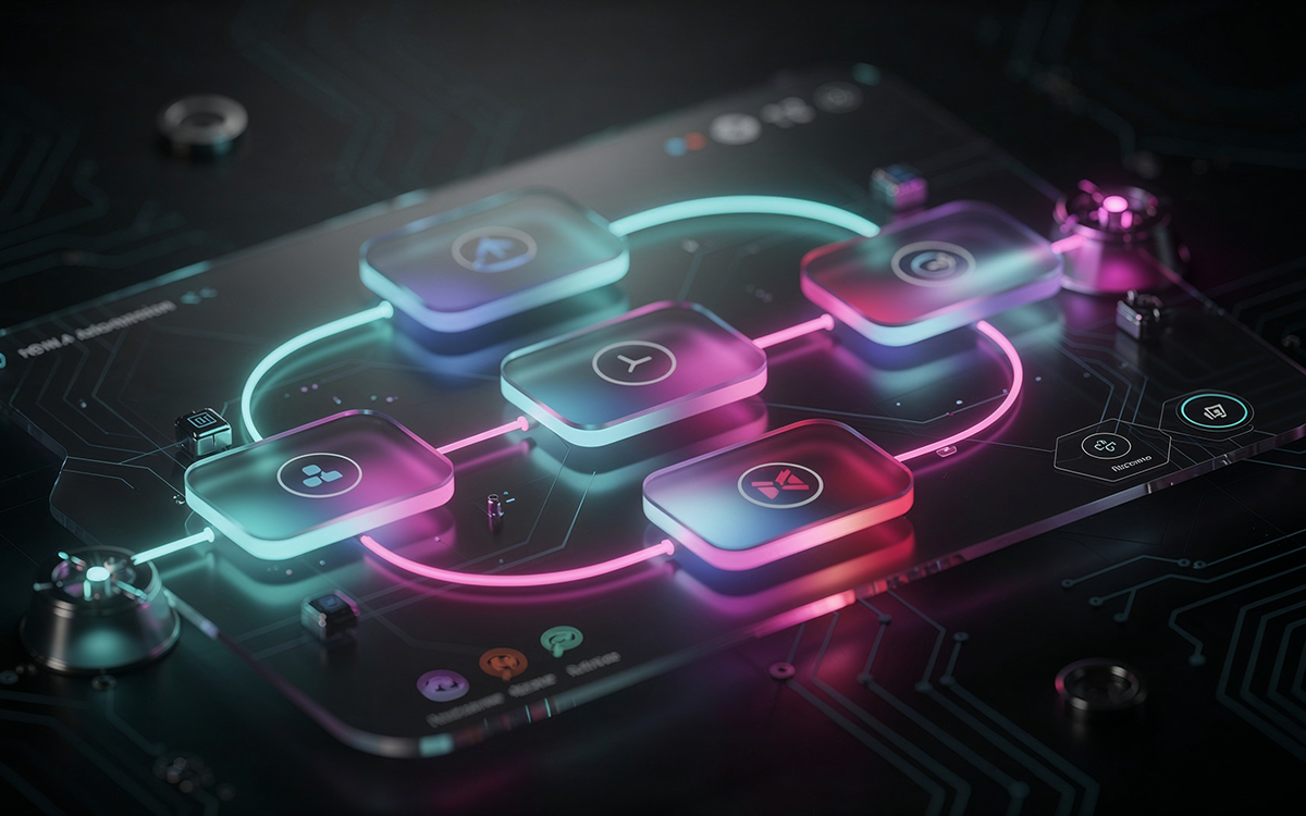 KI-Workflows für Agenturen mit n8n – visueller futuristischer Workflow-Editor mit AI-Nodes und Datenintegrationen