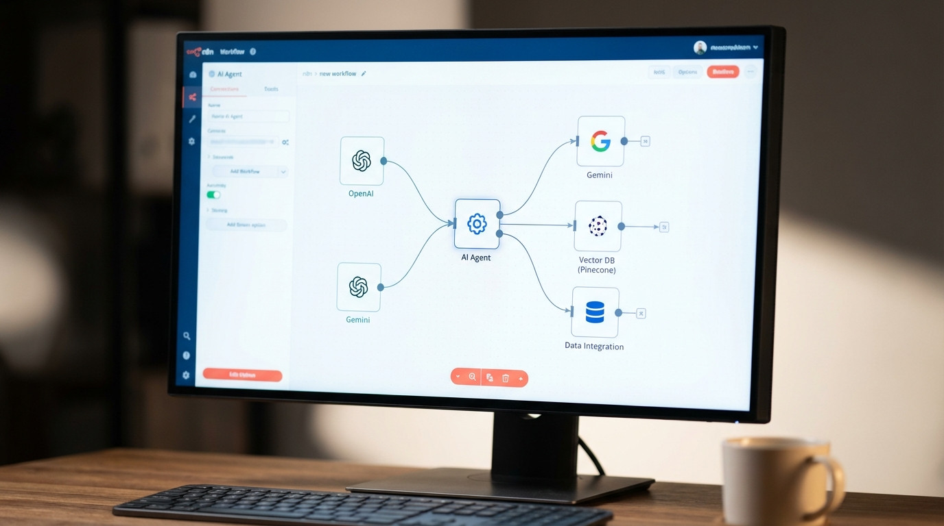 n8n Workflow-Editor zeigt Multi-System-Integration mit AI-Agents, LLM-Nodes und Vektordatenbanken