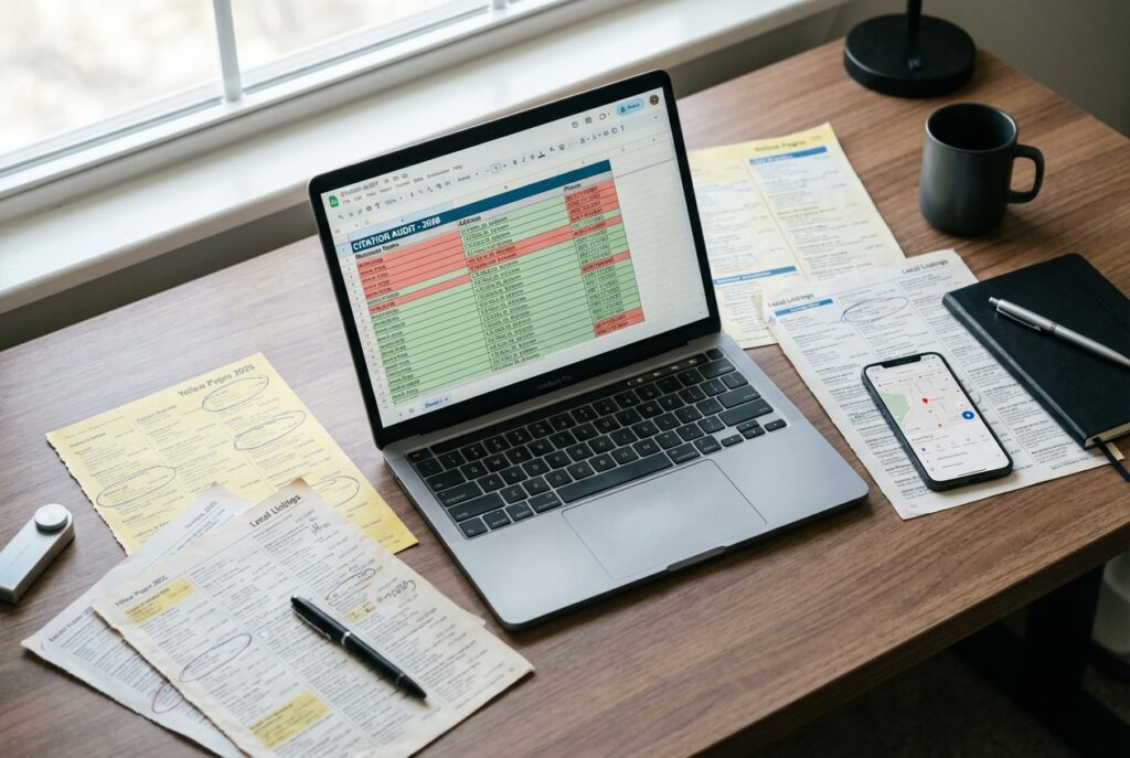 Schreibtisch mit Laptop und Unterlagen