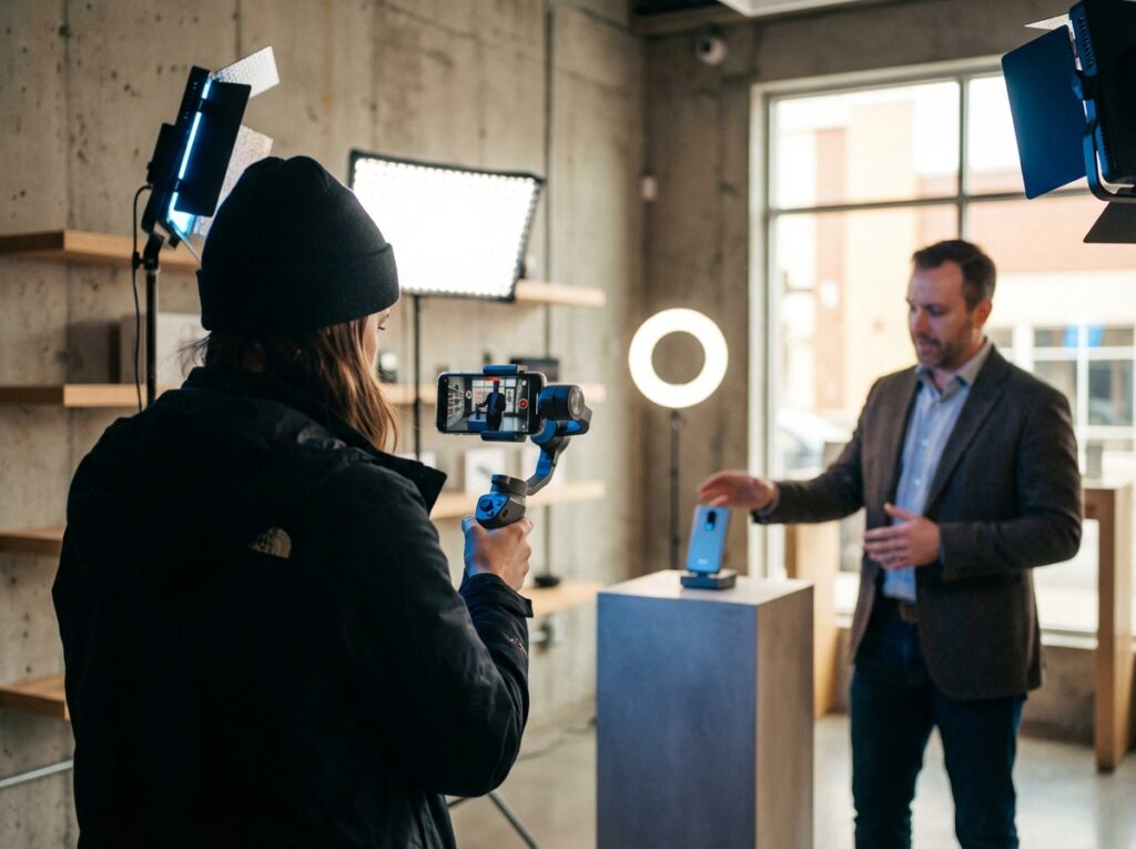 Person präsentiert Smartphone in Studio