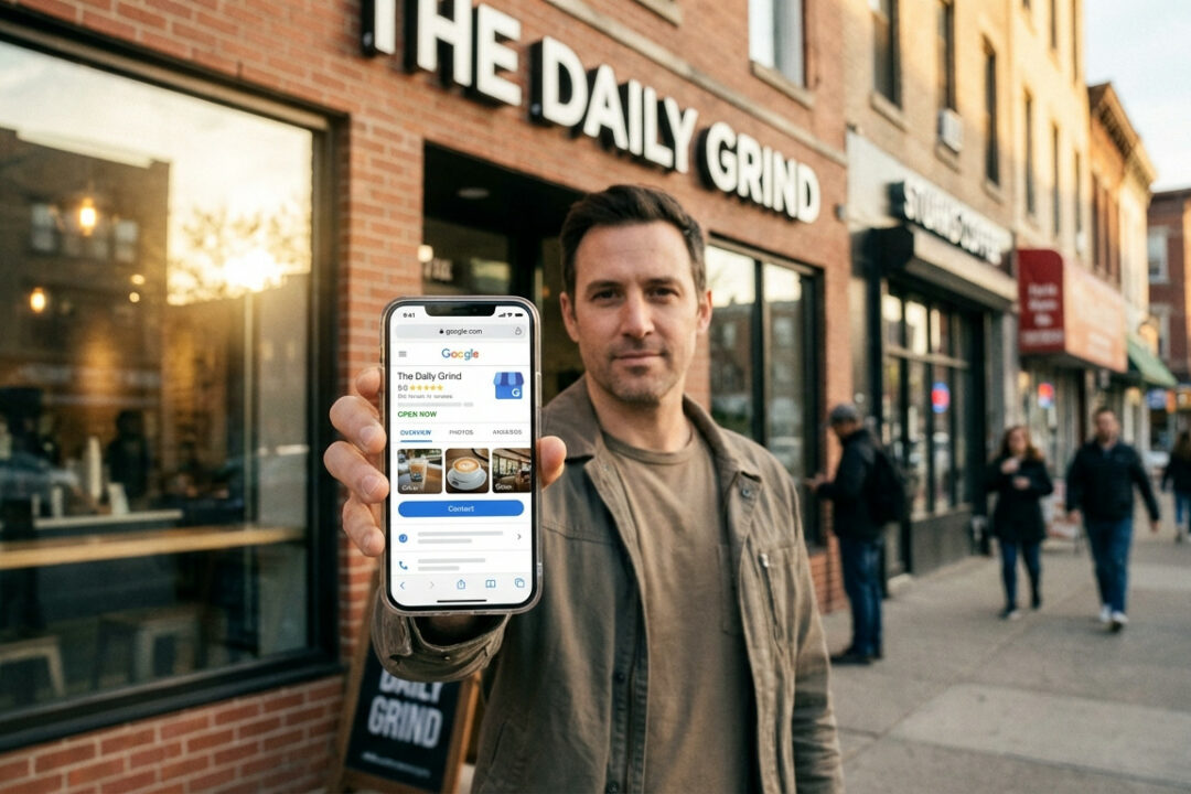 Mann zeigt Smartphone vor Café.