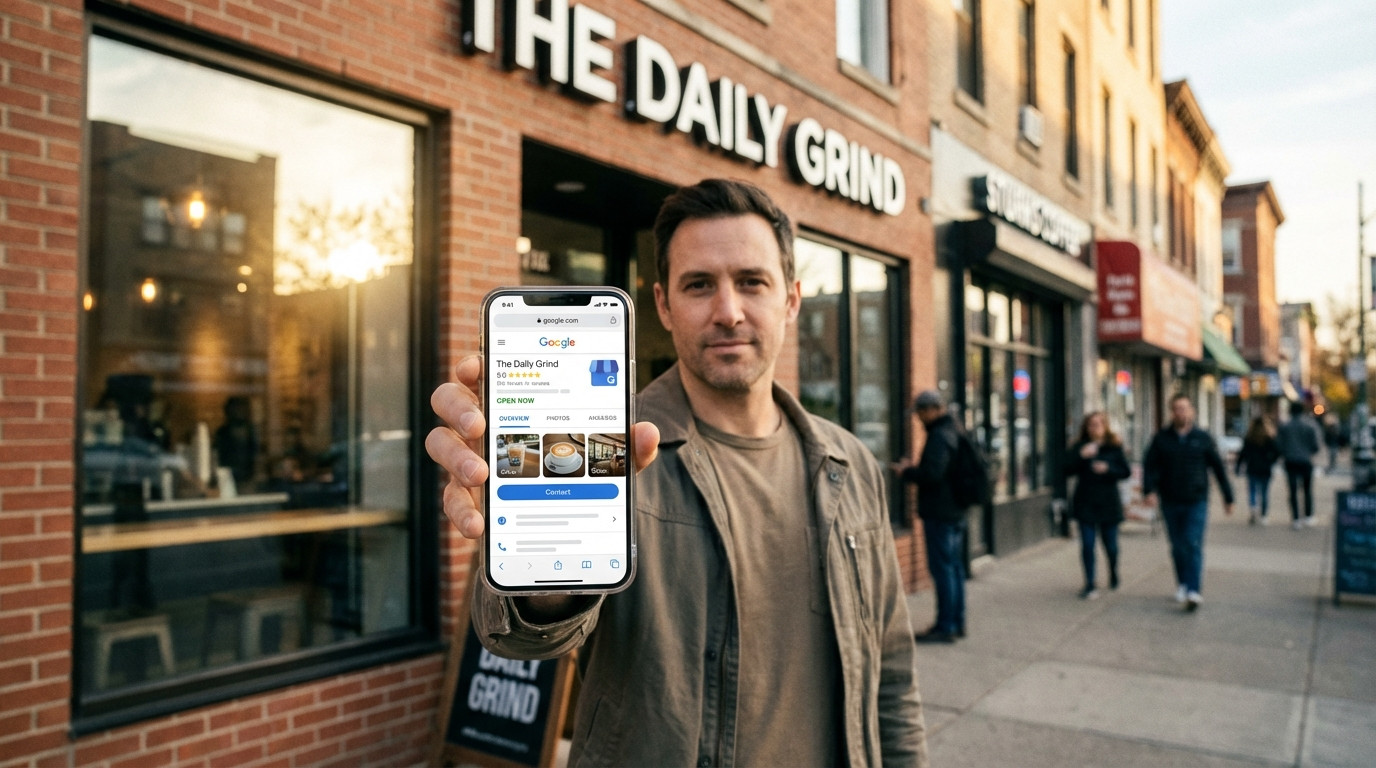 Mann zeigt Smartphone vor Café.