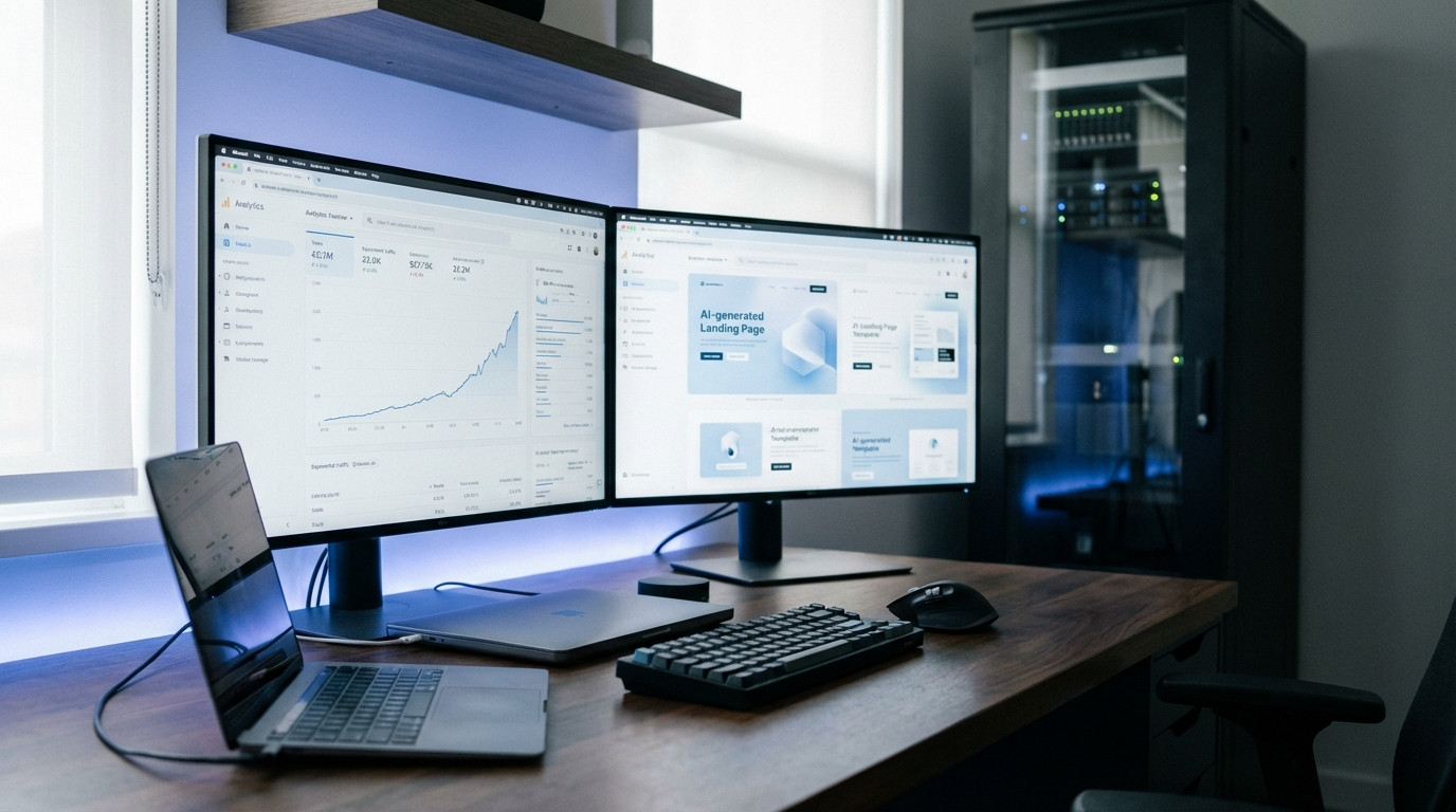 Programmatic SEO mit KI 2026 – Dashboard mit KI-generierten Landingpages und Traffic-Wachstum