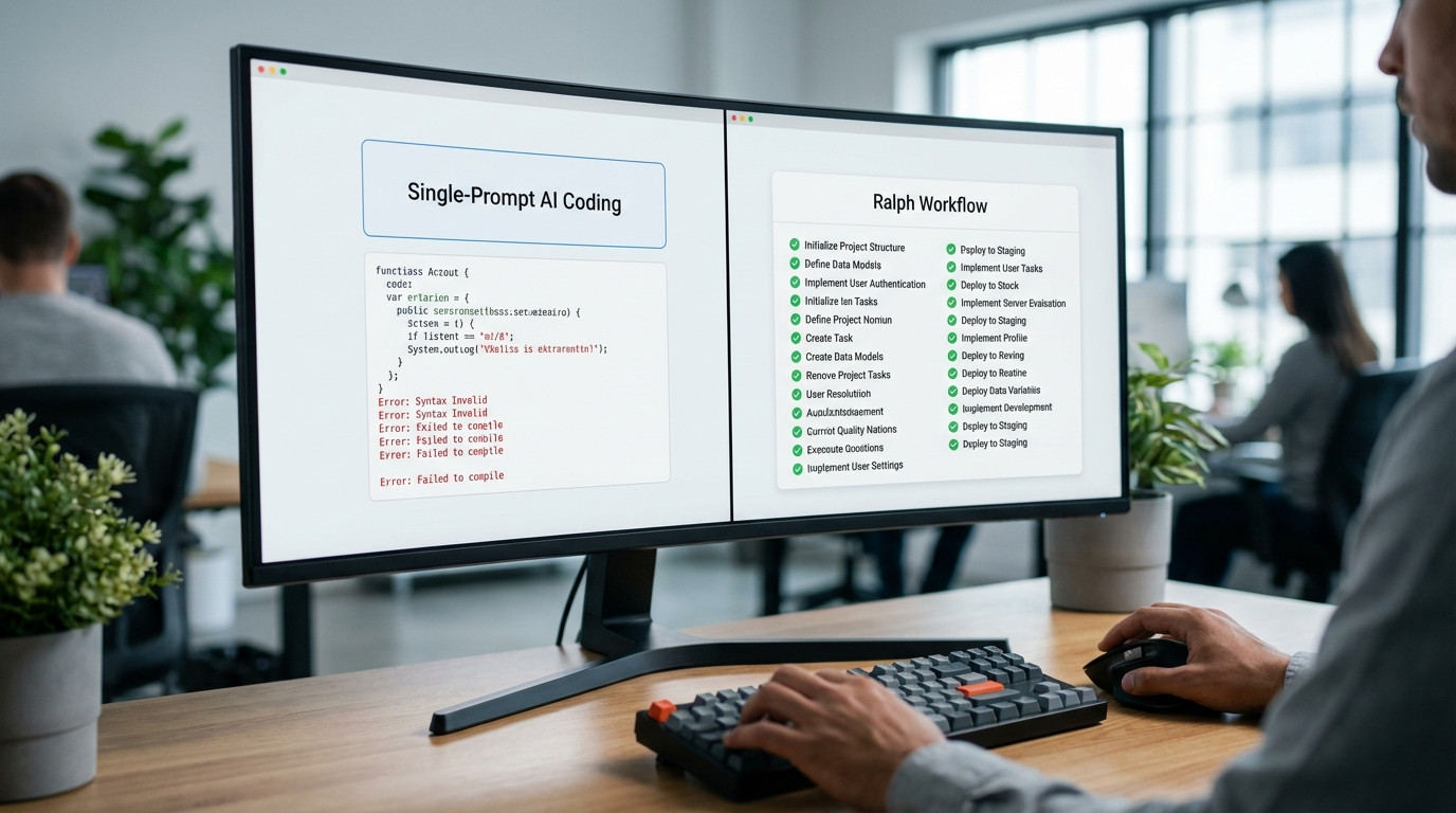 Vergleich zwischen Single-Prompt und Ralph AI Workflow: Links ein großer Prompt mit generischem Output, rechts granulare Tasks mit spezifischen Ergebnissen