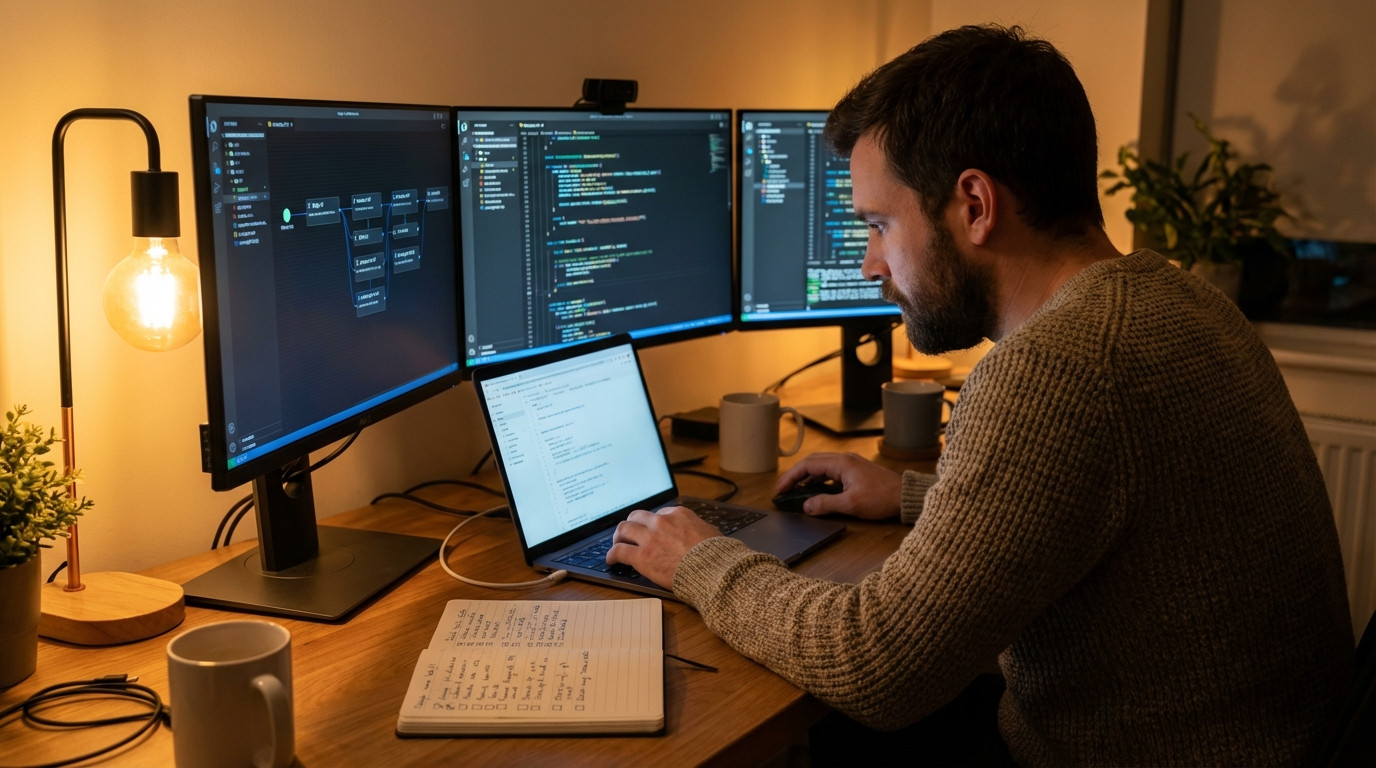 Entwickler arbeitet nachts mit Ralph AI Workflow auf drei Monitoren, Code-Iterationen laufen automatisch, gemütliches Home-Office mit warmem Licht