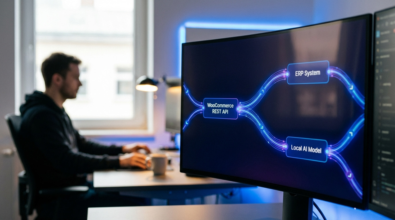WooCommerce REST API Datenfluss zwischen Shop, ERP-System und lokalem KI-Modell visualisiert