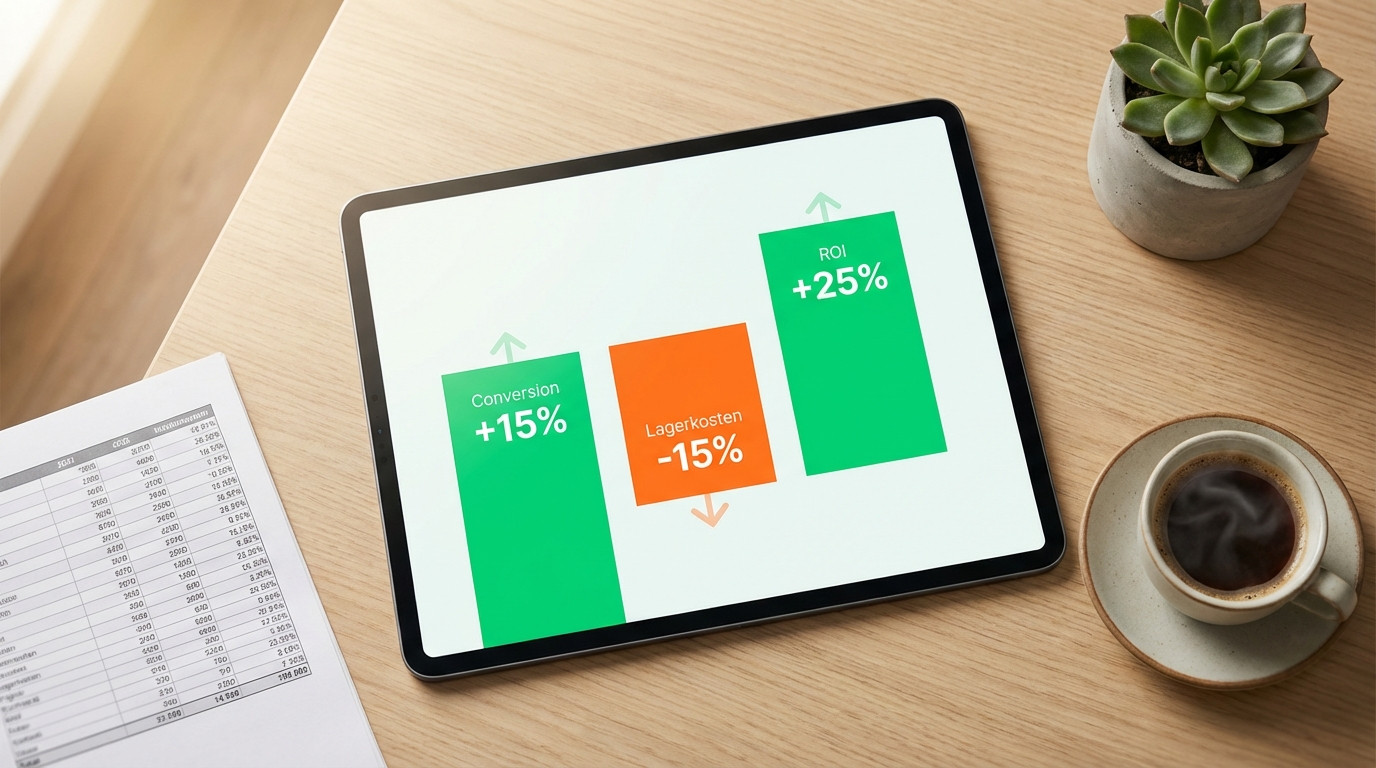 ROI-Übersicht KI-Lagerprognose WooCommerce: Zeitersparnis, Lagerkosten und Conversion-Steigerung im Vergleich