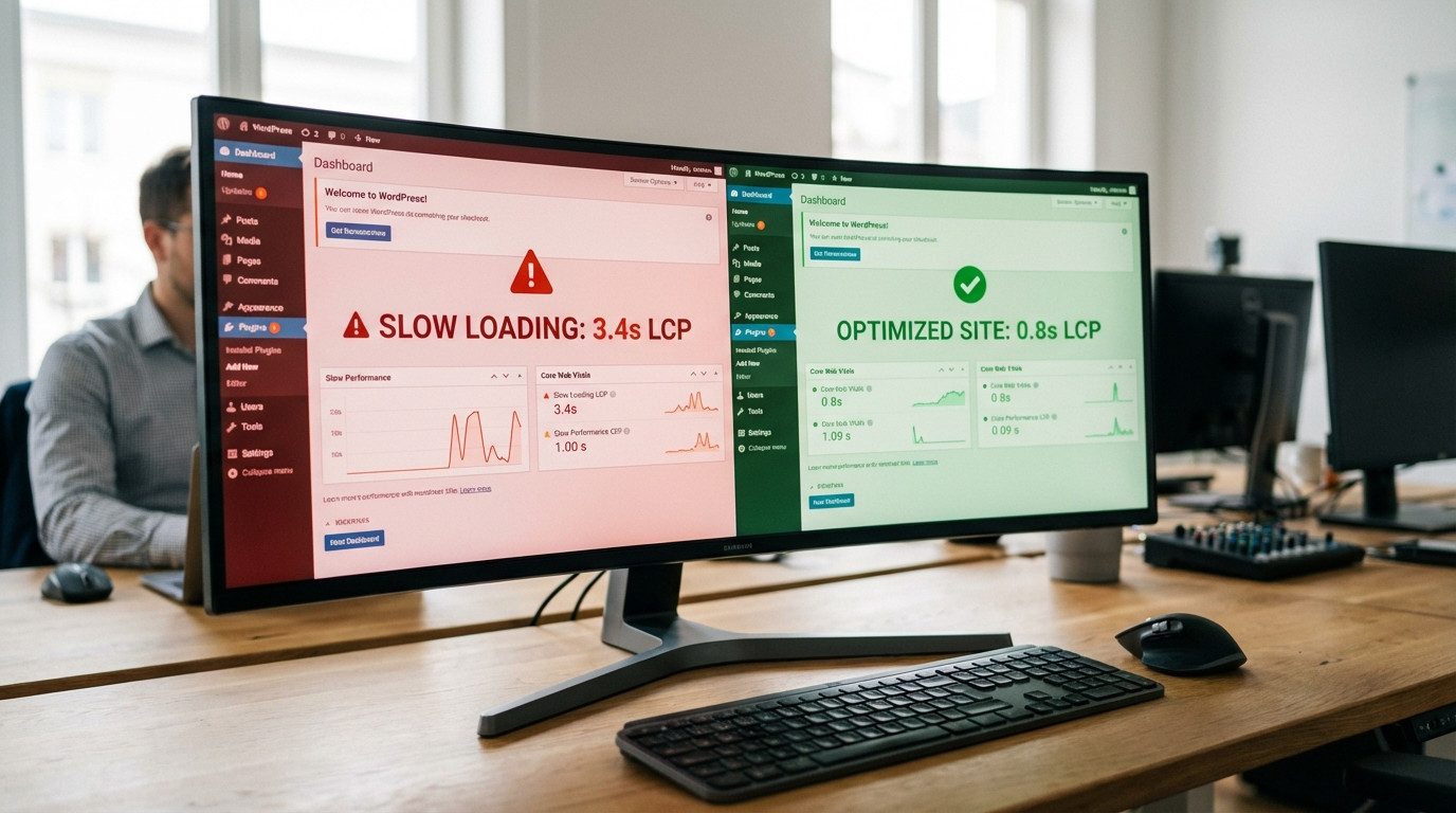 Vergleich Core Web Vitals Metriken vor und nach WordPress Ladezeit Optimierung mit KI-Tools