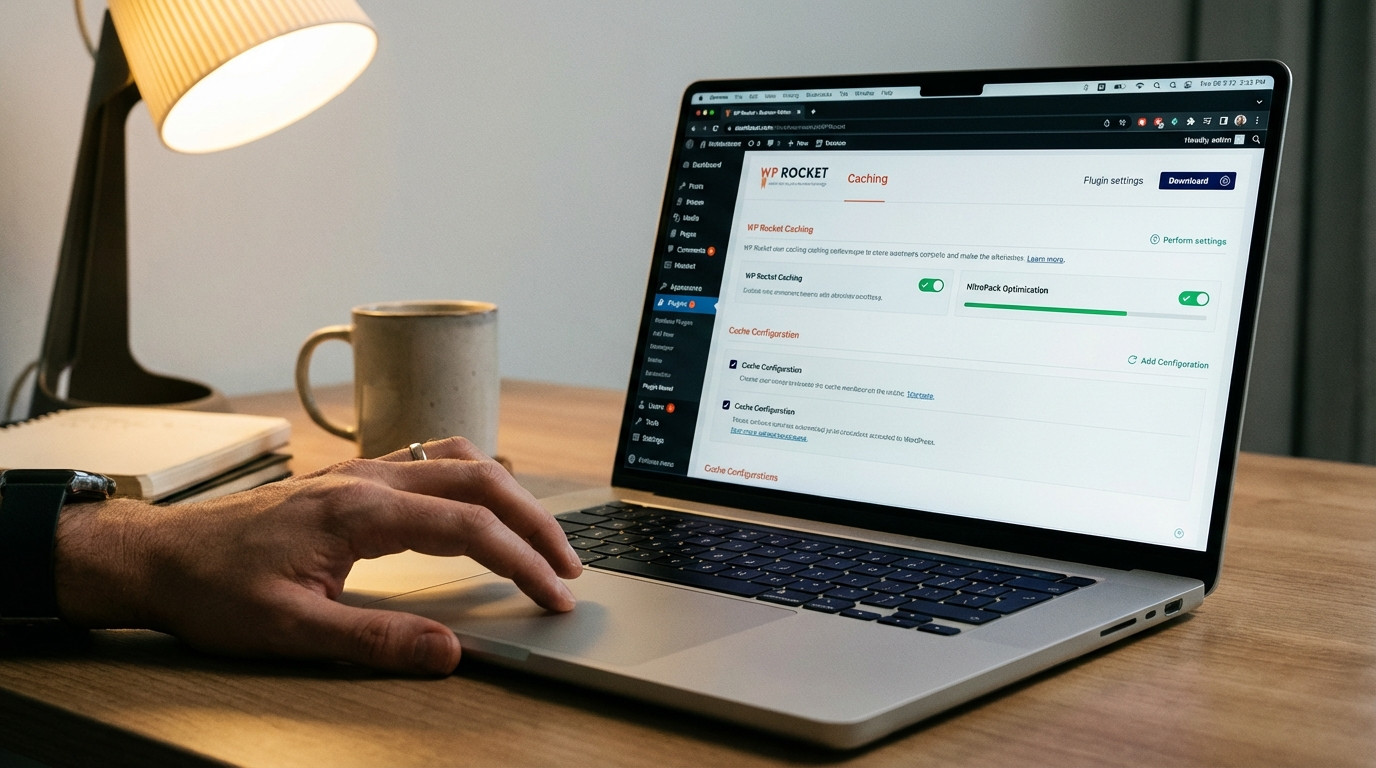 WordPress Performance Plugin Dashboard mit Caching-Einstellungen und Core Web Vitals Score