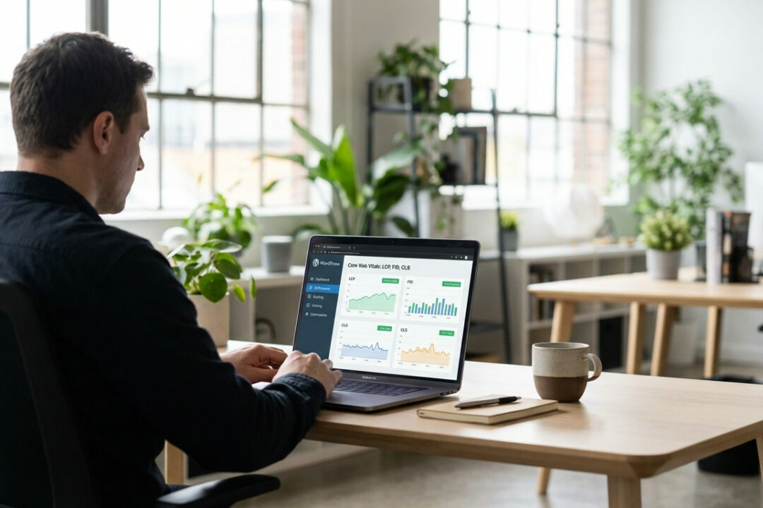 WordPress Performance Dashboard mit Core Web Vitals Metriken und KI-Tools