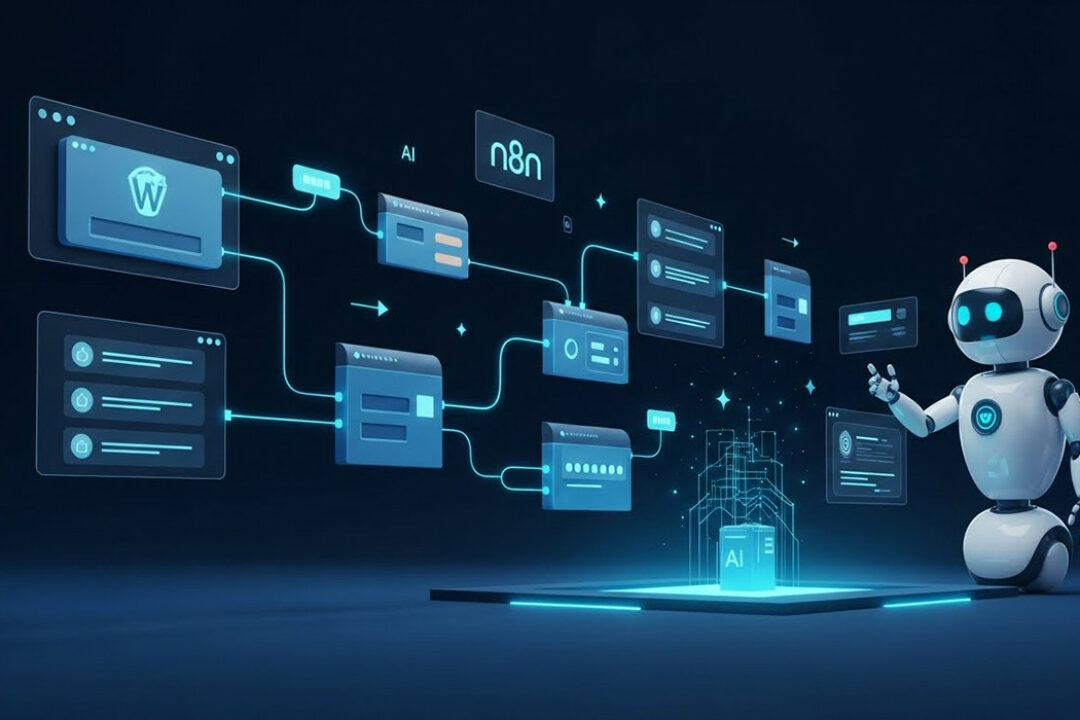 Illustration einer automatisierten WordPress-Umgebung mit n8n-Workflows und einem KI-Agenten zur Content-Verarbeitung