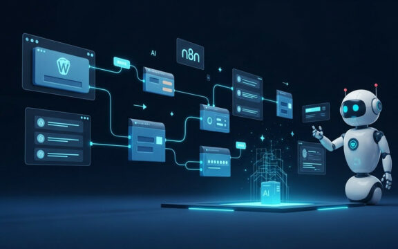 Illustration einer automatisierten WordPress-Umgebung mit n8n-Workflows und einem KI-Agenten zur Content-Verarbeitung