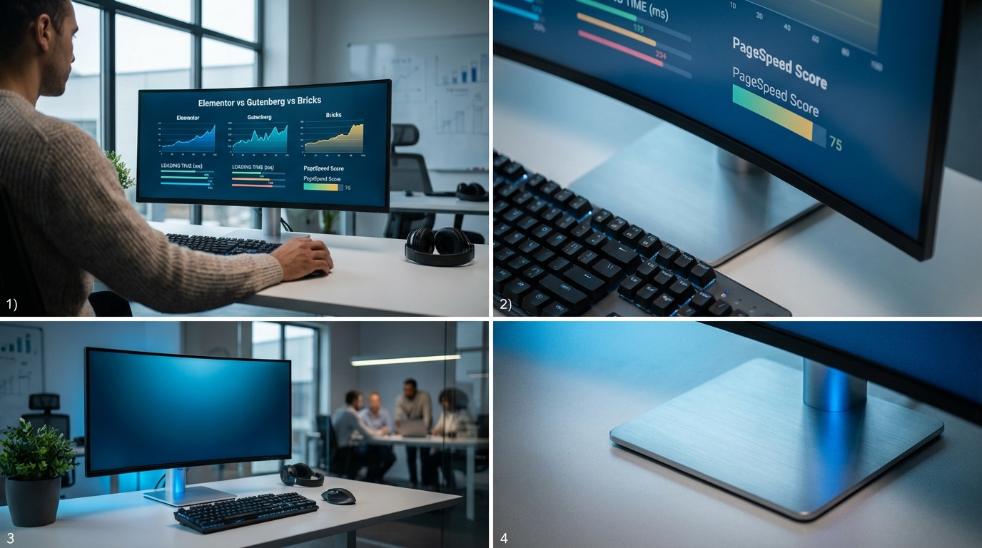 Performance-Benchmark-Vergleich auf Ultrawide-Monitor: Ladezeit-Diagramme von Elementor, Gutenberg und Bricks Builder mit PageSpeed-Scores