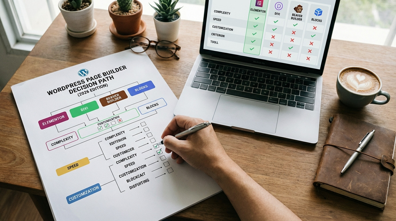 Infografik Checkliste für WordPress Page Builder Auswahl mit Entscheidungsbaum für Elementor, Gutenberg und Bricks