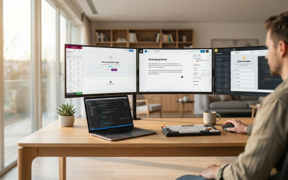 WordPress Page Builder Vergleich auf modernem Entwickler-Workspace mit drei Monitoren zeigt Elementor, Gutenberg und Bricks Interfaces nebeneinander