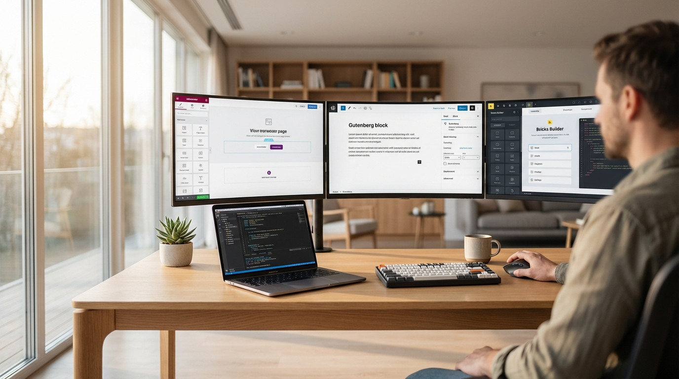 WordPress Page Builder Vergleich auf modernem Entwickler-Workspace mit drei Monitoren zeigt Elementor, Gutenberg und Bricks Interfaces nebeneinander