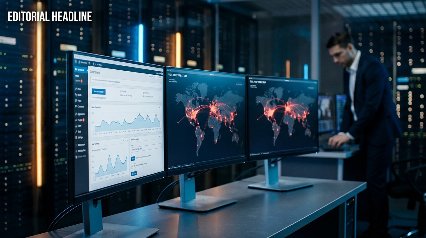 WordPress Sicherheit gegen KI-Angriffe 2026 – Dashboard mit Bedrohungsanalyse und Firewall-Status