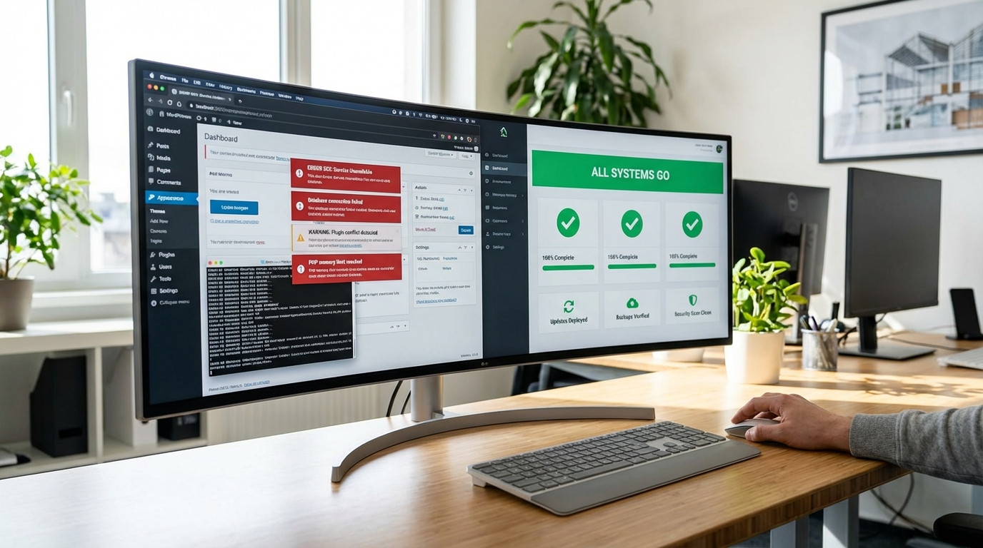 Vergleich manuelle vs. automatisierte WordPress-Wartung auf Split-Screen Monitor