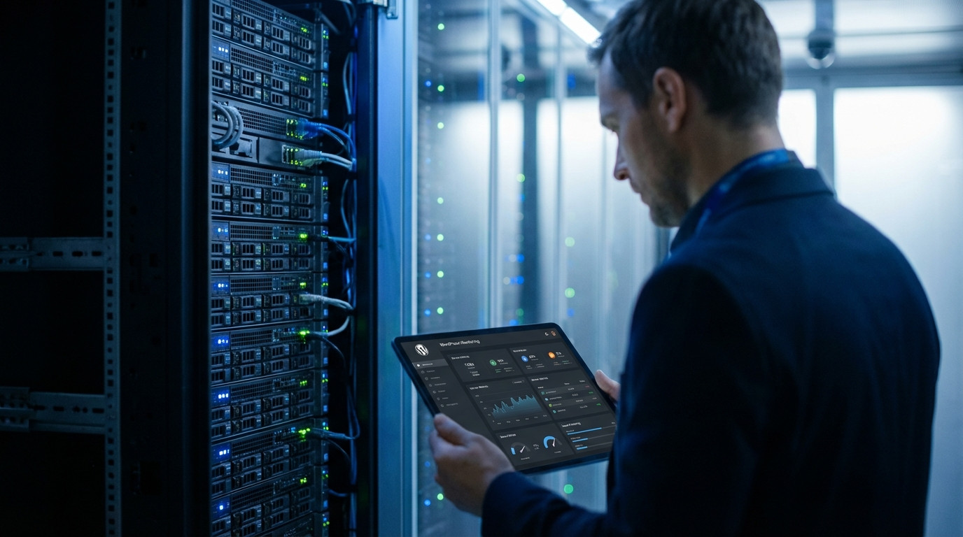 Server-Rack mit blinkenden Status-LEDs und Techniker der WordPress Monitoring-Dashboard prüft