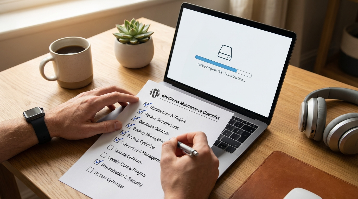 Draufsicht auf Schreibtisch mit WordPress Wartungs-Checkliste und Laptop mit Backup-Fortschritt